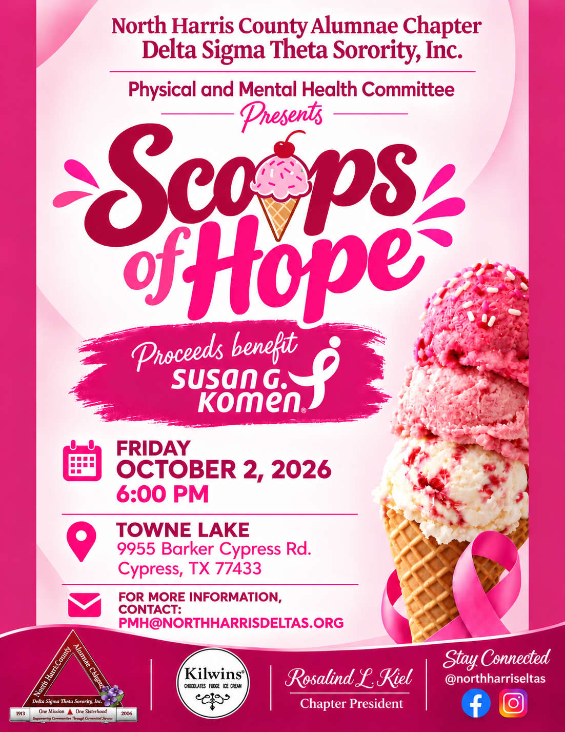 Celebrate Breast Cancer Awareness Month at Kilwins at Boardwalk Towne Lake in Cypress, TX, with pink treats benefiting Susan G. Komen.