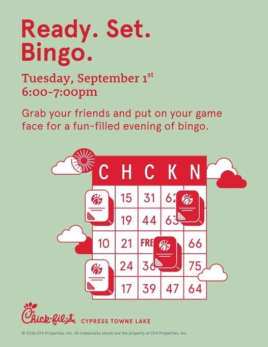 Chick-fil-A Bingo Night event at The Boardwalk in Cypress, Texas, held the first Tuesday of every month.
