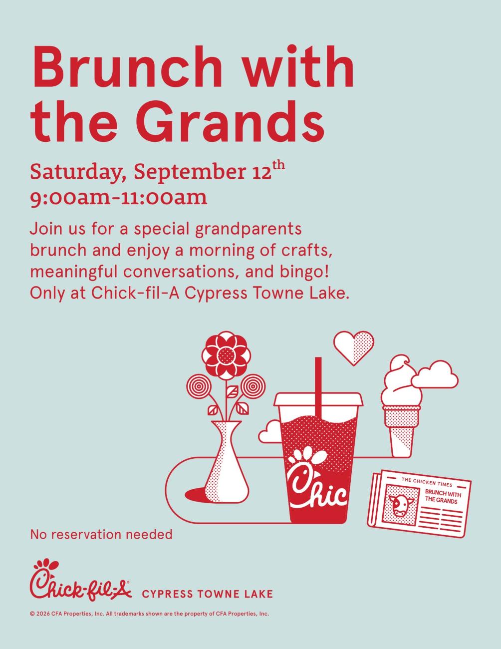 Chick-fil-A Grandparents Brunch at The Boardwalk in Cypress, Texas on September 12 from 9–11 a.m.