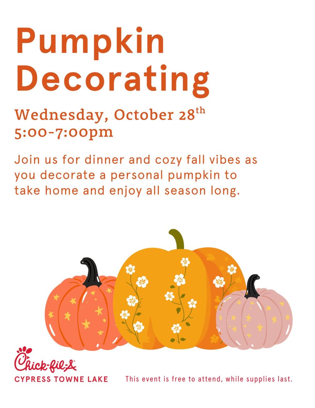 Join Chick-fil-A at The Boardwalk in Cypress, TX, for family pumpkin decorating on October 28, 2026. Enjoy dinner, fall crafts, and Halloween fun!