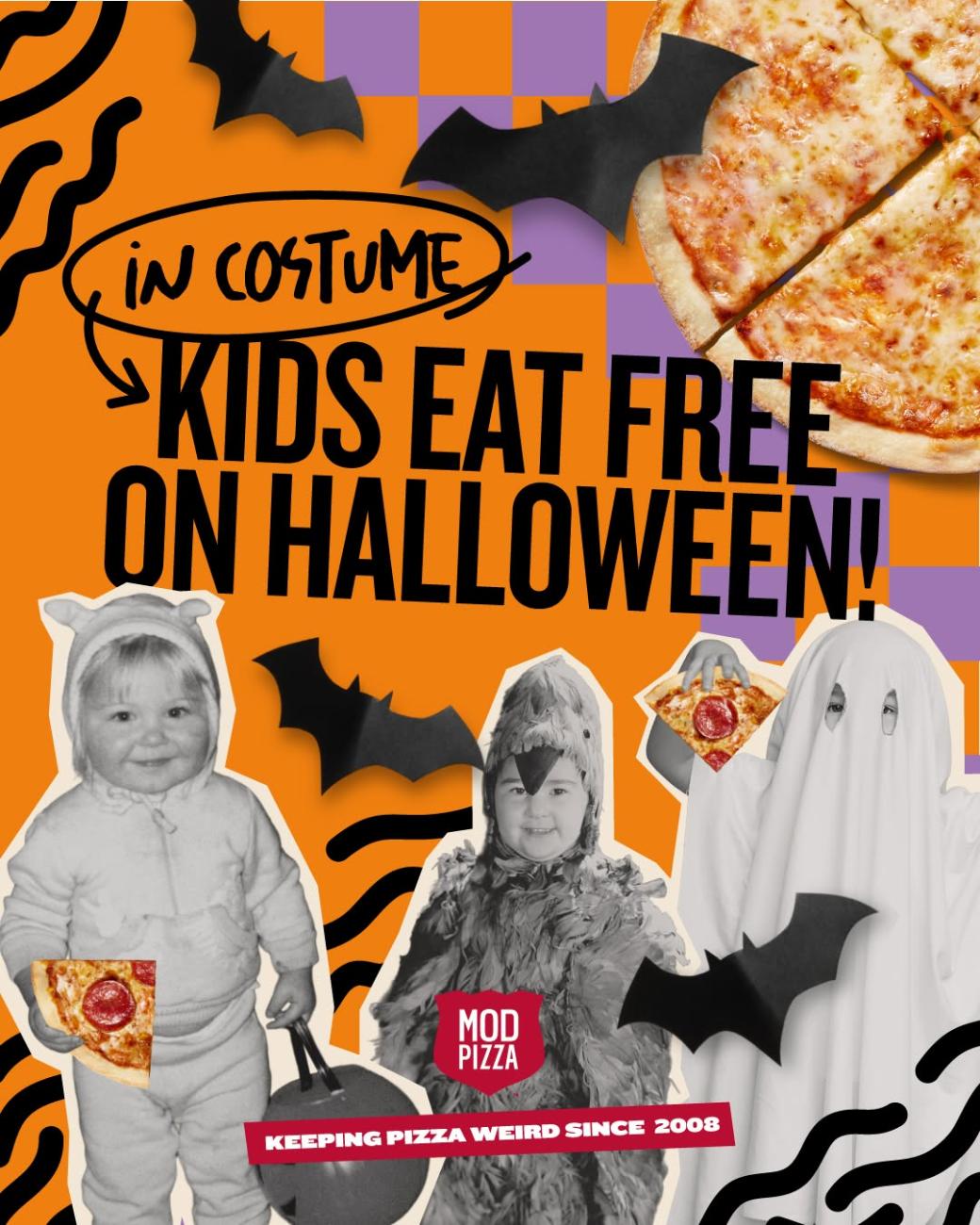 Kids in costume eat free at MOD Pizza at The Boardwalk in Cypress, TX, on Halloween! Enjoy family-friendly dining October 31 with qualifying entrée purchase.